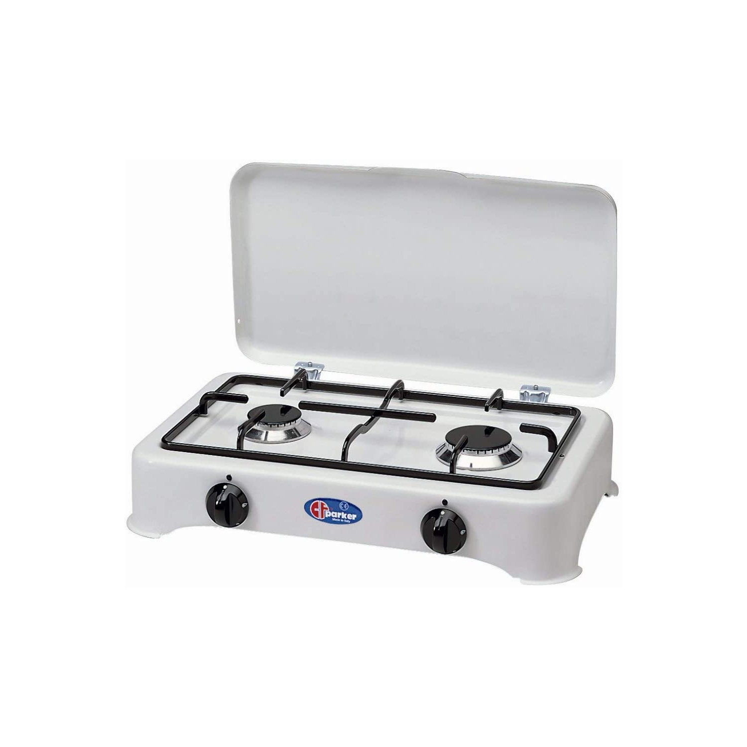 Parker Zweiflamm Gaskocher, Campingkocher, weiß mit Deckel 50 mbar + Druckminderer mit Füllstandsanzeige + 80 cm Schlauch