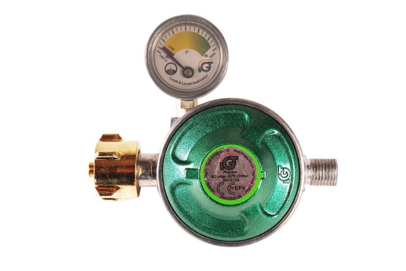 Parker Zweiflamm Gaskocher, Campingkocher, weiß mit Deckel 50 mbar + IGT Druckminderer 50 mbar mit Füllstandsanzeige und integrierter Schlauchbruchsicherung SBS Typ A310i IGT A310ie-PM002