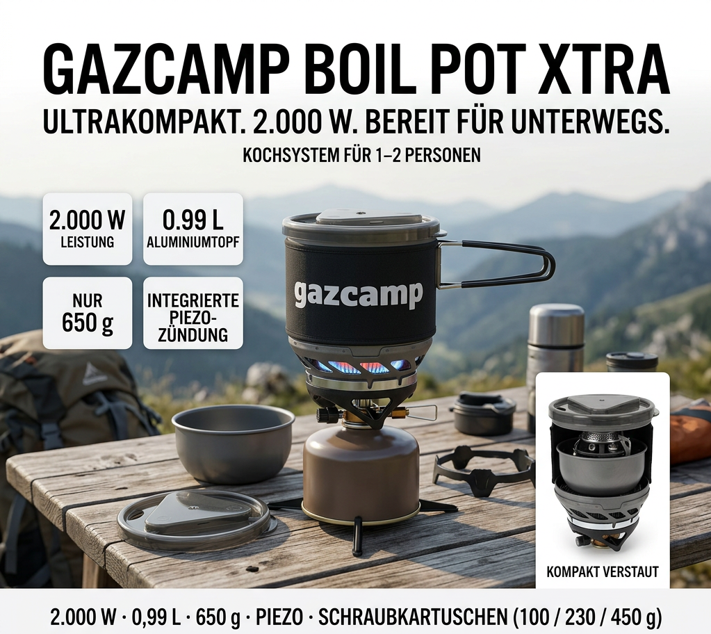 Gazcamp Boil Pot XTRA – Ultrakompakter Gaskocher für unterwegs