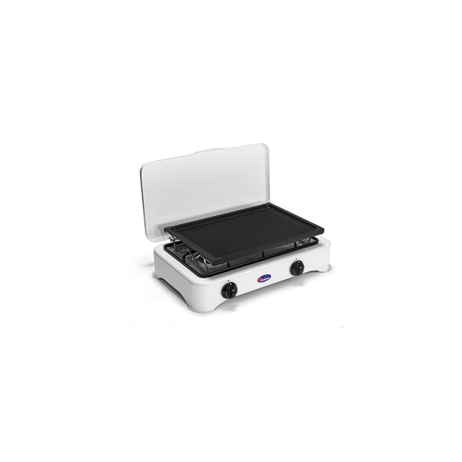 Parker Gaskocher – 2-flammig, Campingkocher, weiß mit Deckel + Parker Maria R Grillplatte aus Aluminiumguss + IGT Schlauch 1500 mm und Regler 50 mbar Set