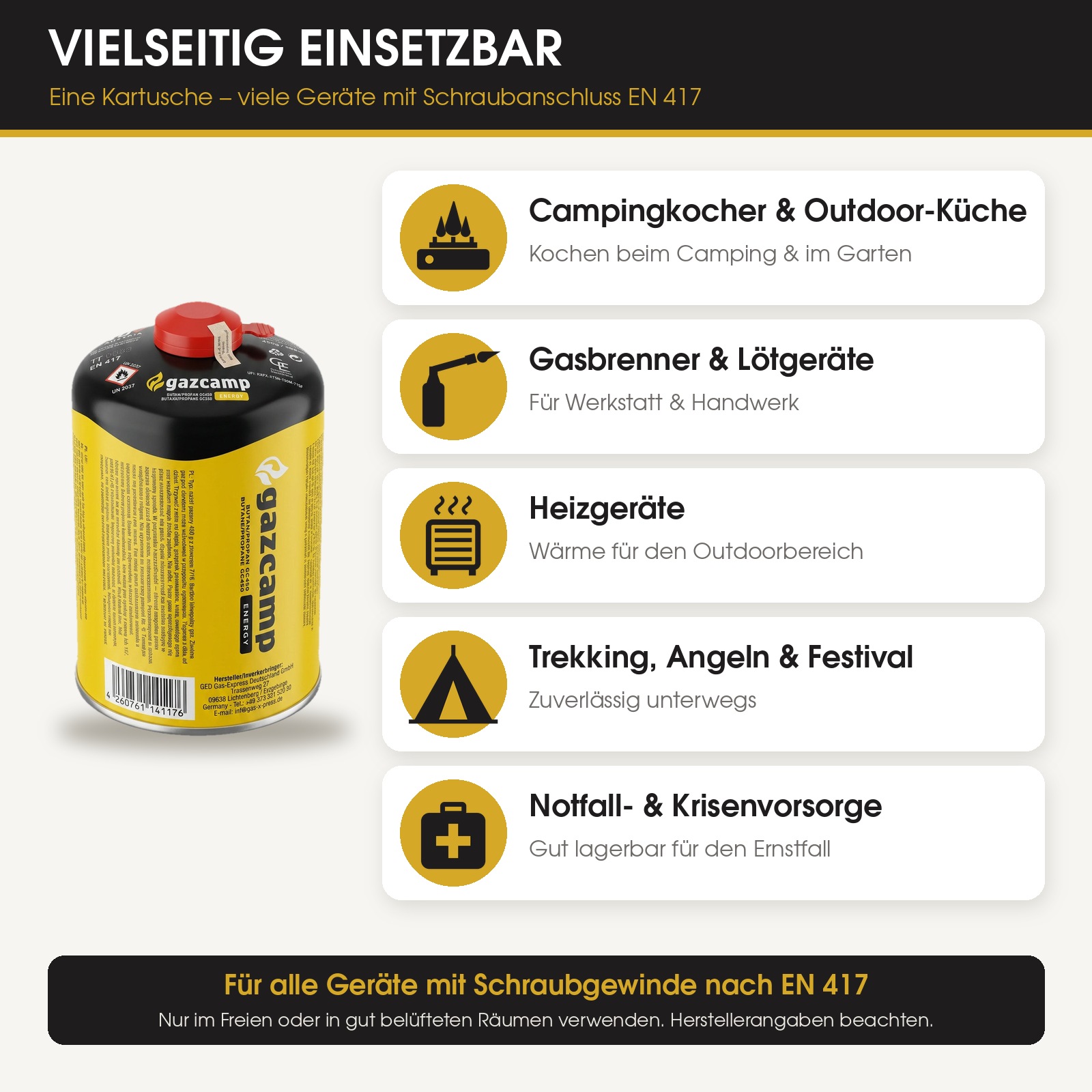 Gazcamp Butan/Propan 450g (808ml) Gaskartusche EN417 Schraubgewinde