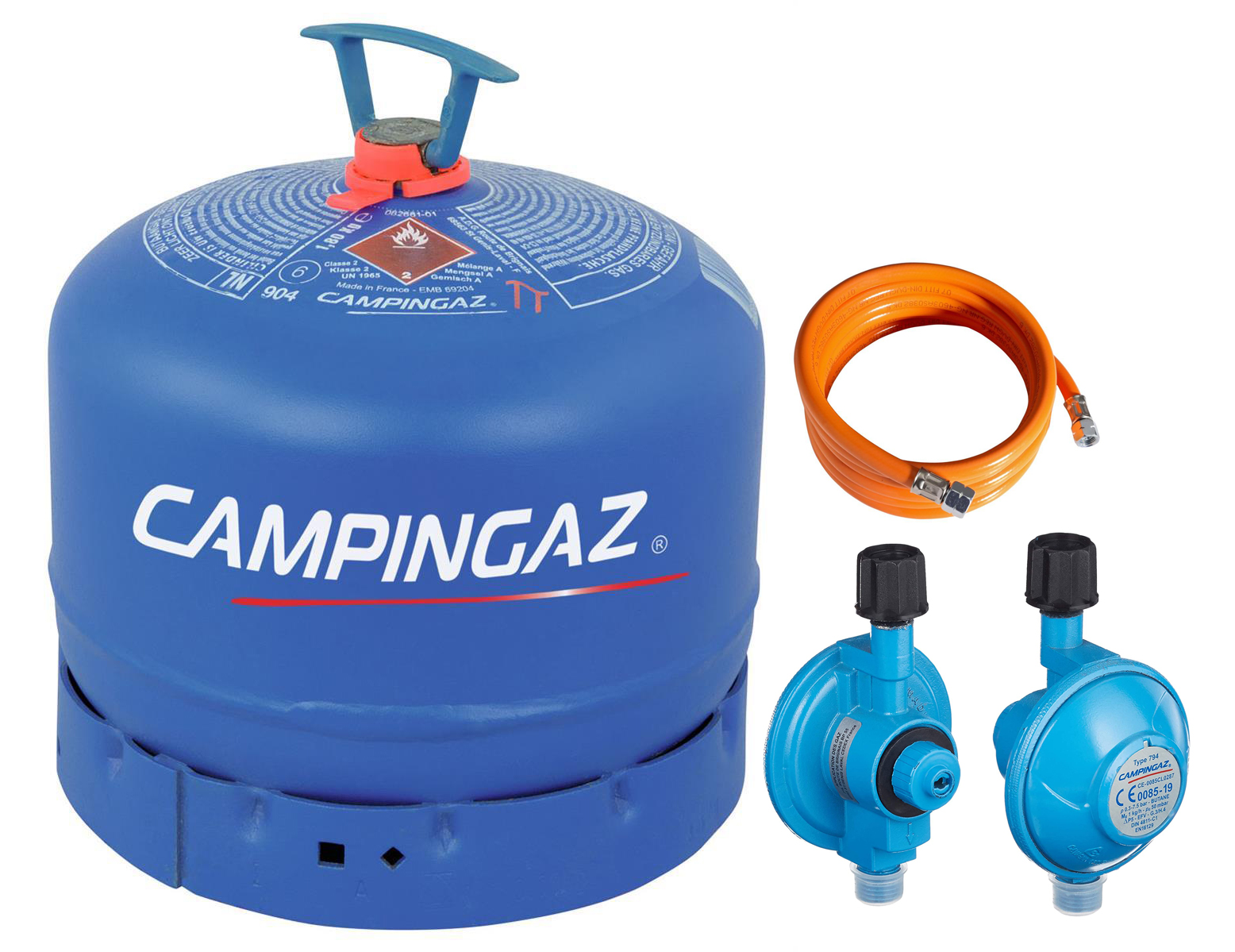 Campingaz R 904 Gasflasche gefüllt mit 1,8 kg Butangas mit 0,8 m Schlauch 50 mBar Regler