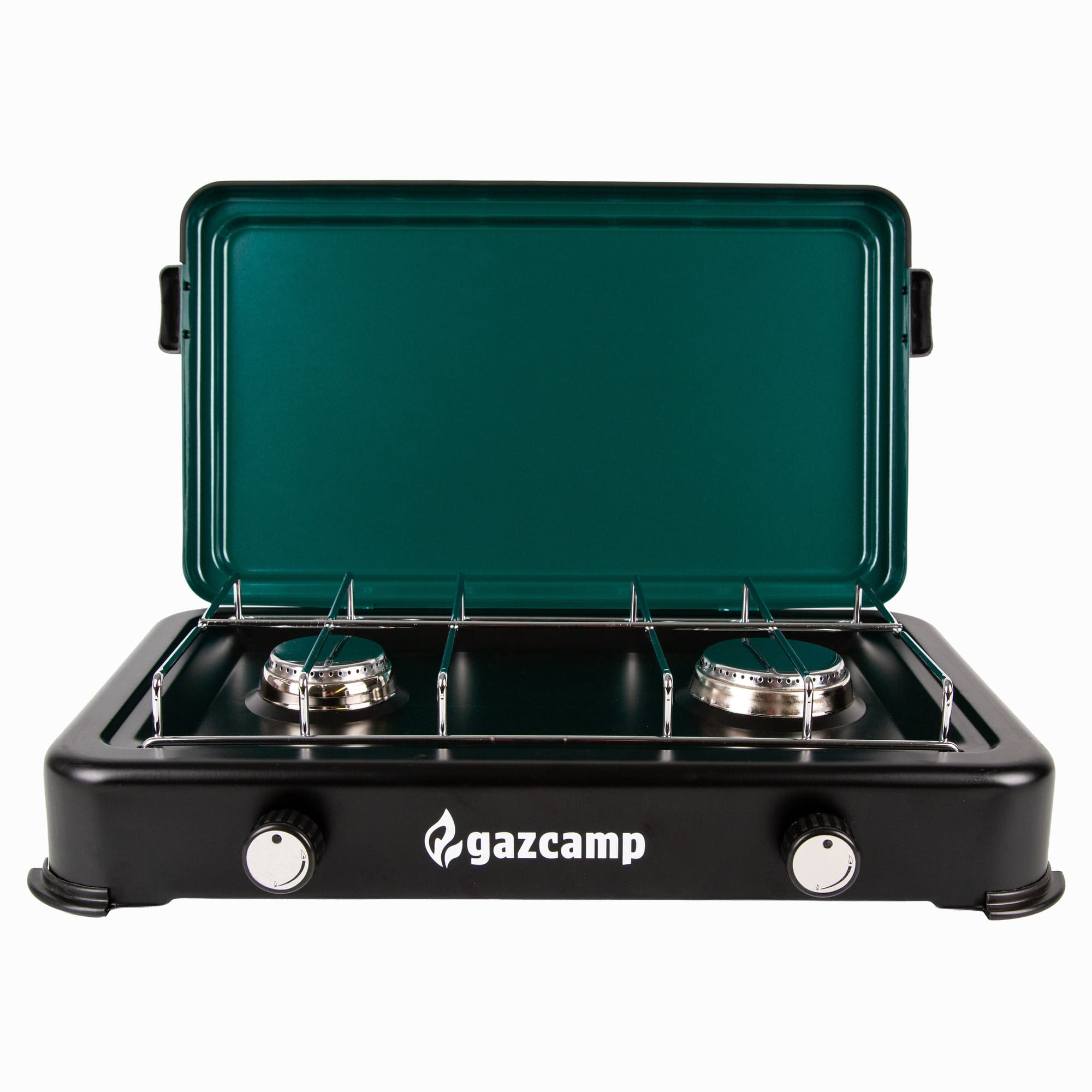 Gazcamp 2-flamm Gaskocher 2,9 kW 50 mbar schwarz mit Deckel inkl. Schlauch und Regler