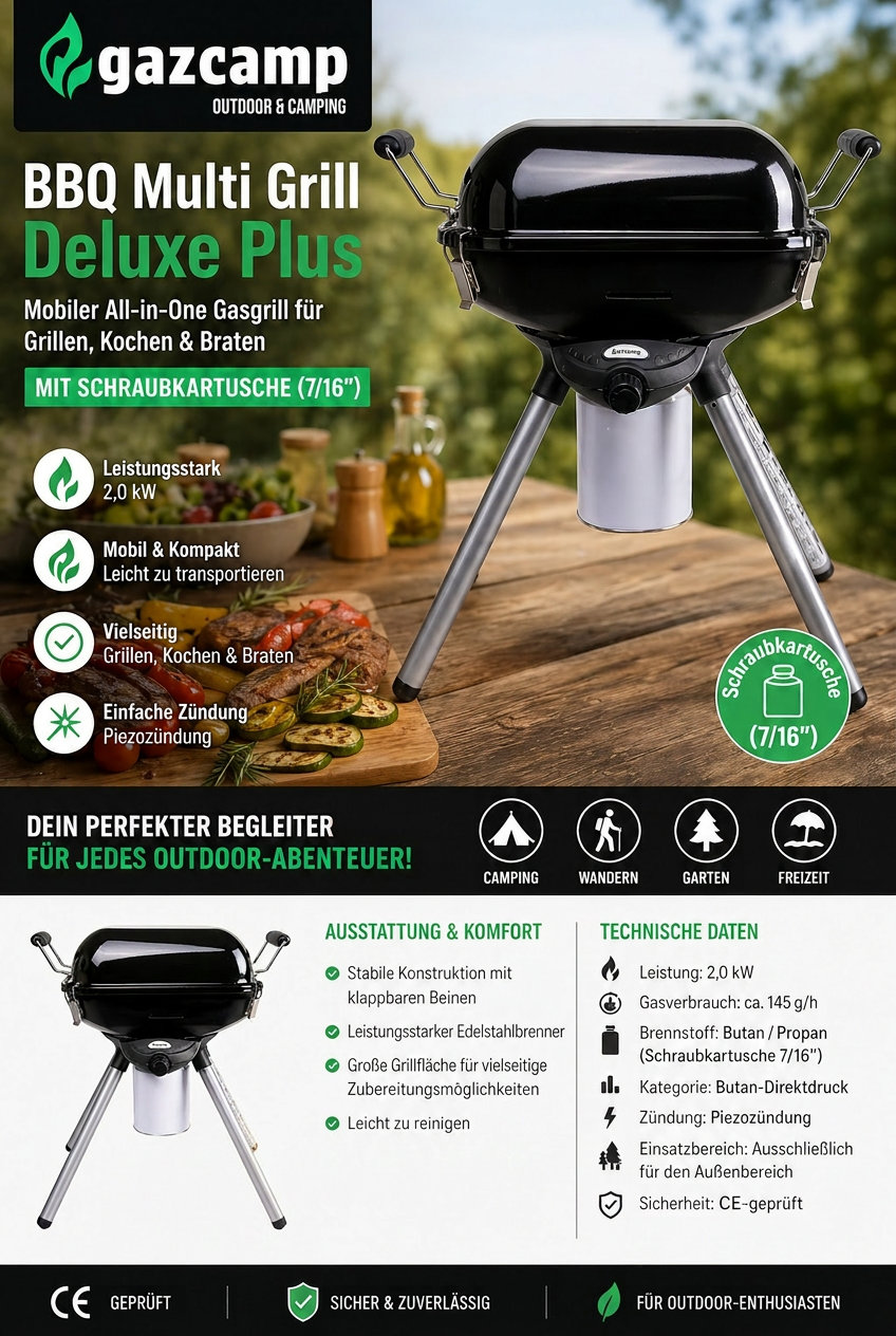 B-Ware Gazcamp BBQ Multi Grill Deluxe Plus mit Schraubkartuschen-Betrieb