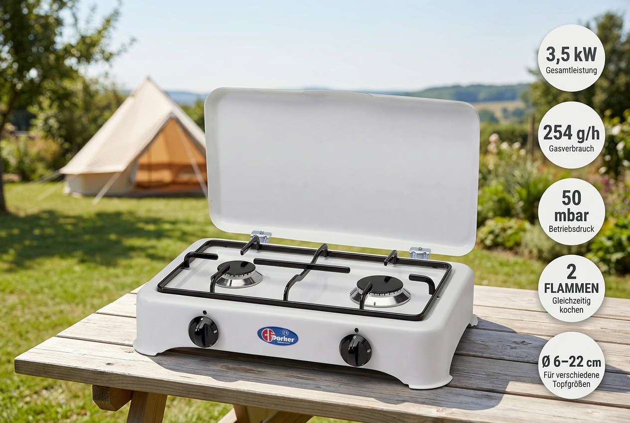 Parker Zweiflamm Gaskocher, Campingkocher, weiß mit Deckel 50 mbar