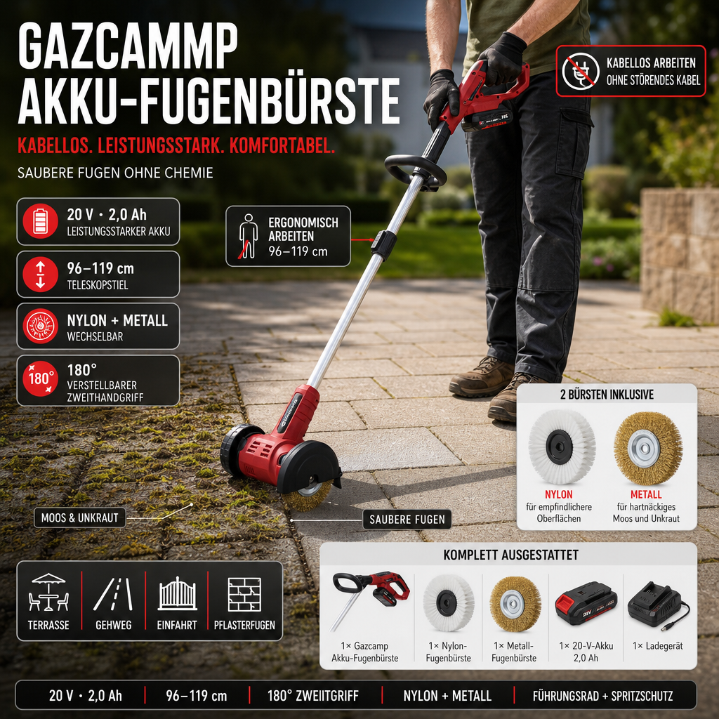 Gazcamp Akku-Fugenbürste – Leistungsstark, flexibel & komfortabel inklusive Akku