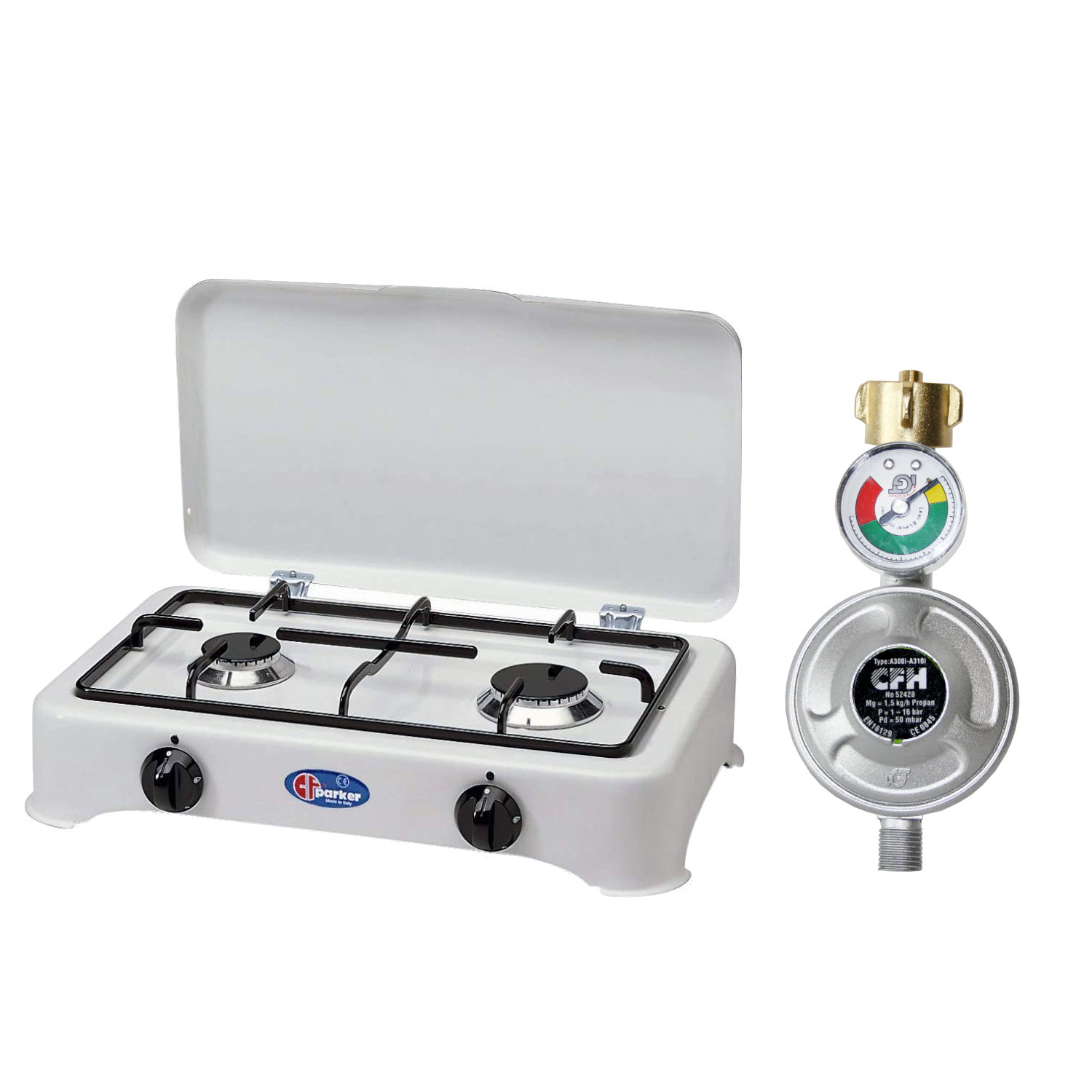 Parker Gaskocher Campingkocher Kocher 2 flammig 3,5 kW 50 mBar Weiß mit Deckel mit Schlauch und Regler (mit Manometer)