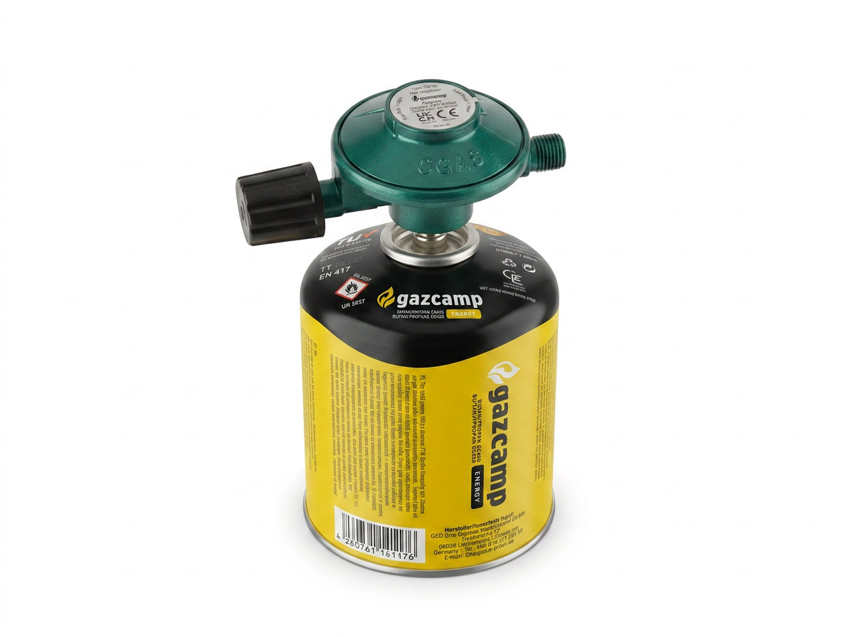 Gazcamp Kartuschenregler mit Kartusche GC450 und 50 mbar / 1,0 kg/h für Schraubkartuschen (7/16" UNEF)