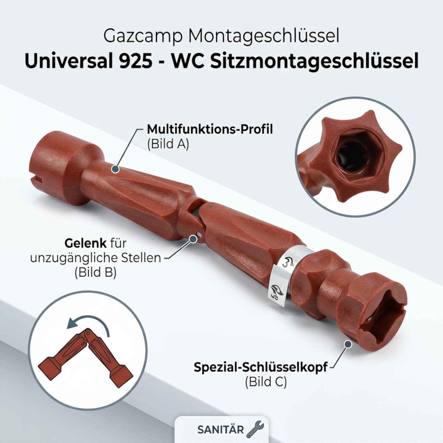 Gazcamp Montageschlüssel Sanitär Universal 925 - WC Sitzmontageschlüssel