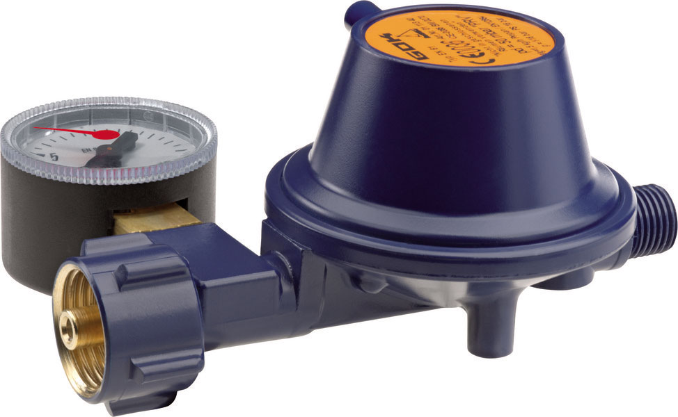 GOK Gasregler EN61 0,8kg/h 50mbar KLF (lang) x G1/4LH-KN-90G PRV