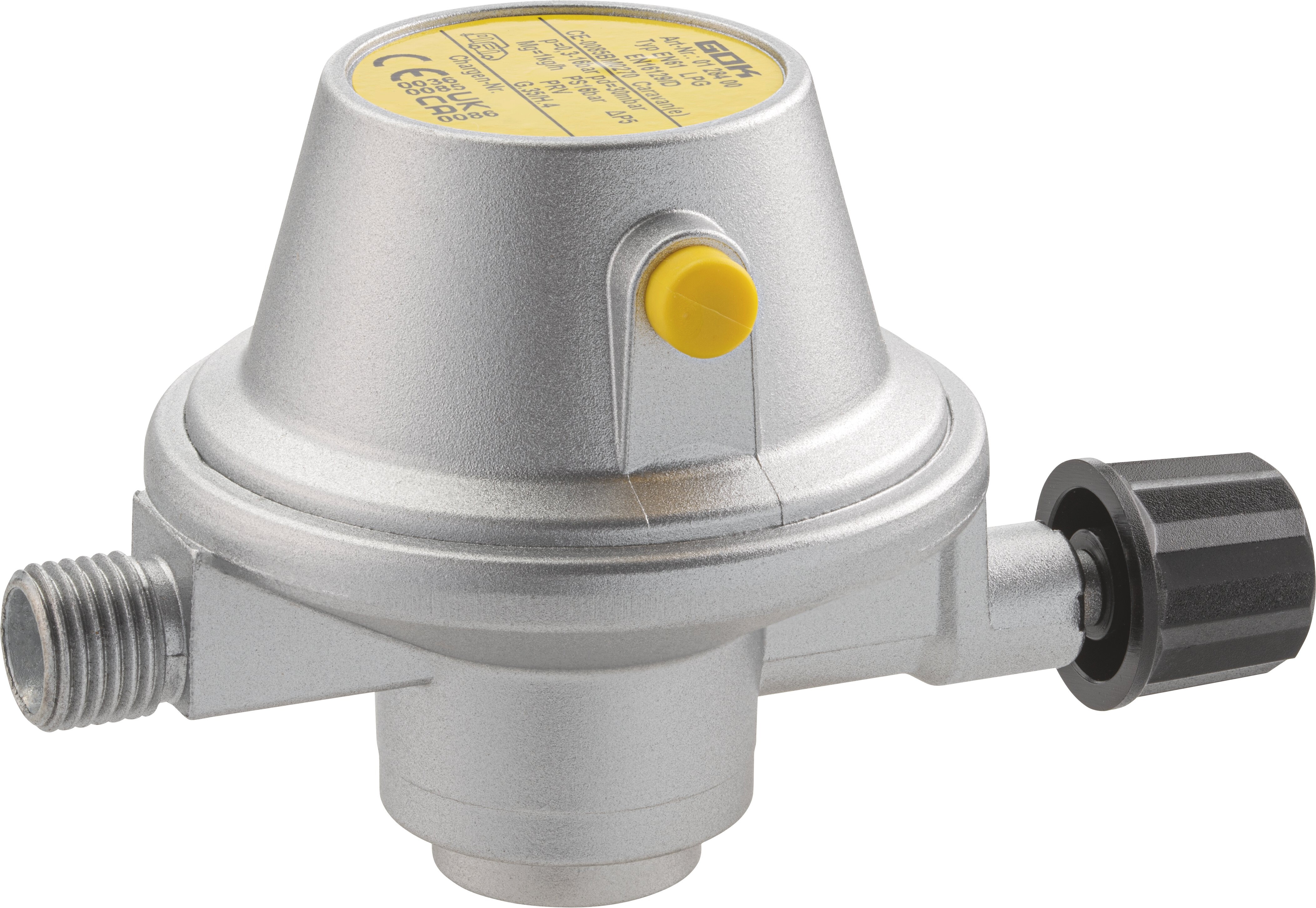 GOK Caravan Gasregler EN61 0,5 kg/h 30mbar Gas-Kart. x G1/4LH-KN PRV