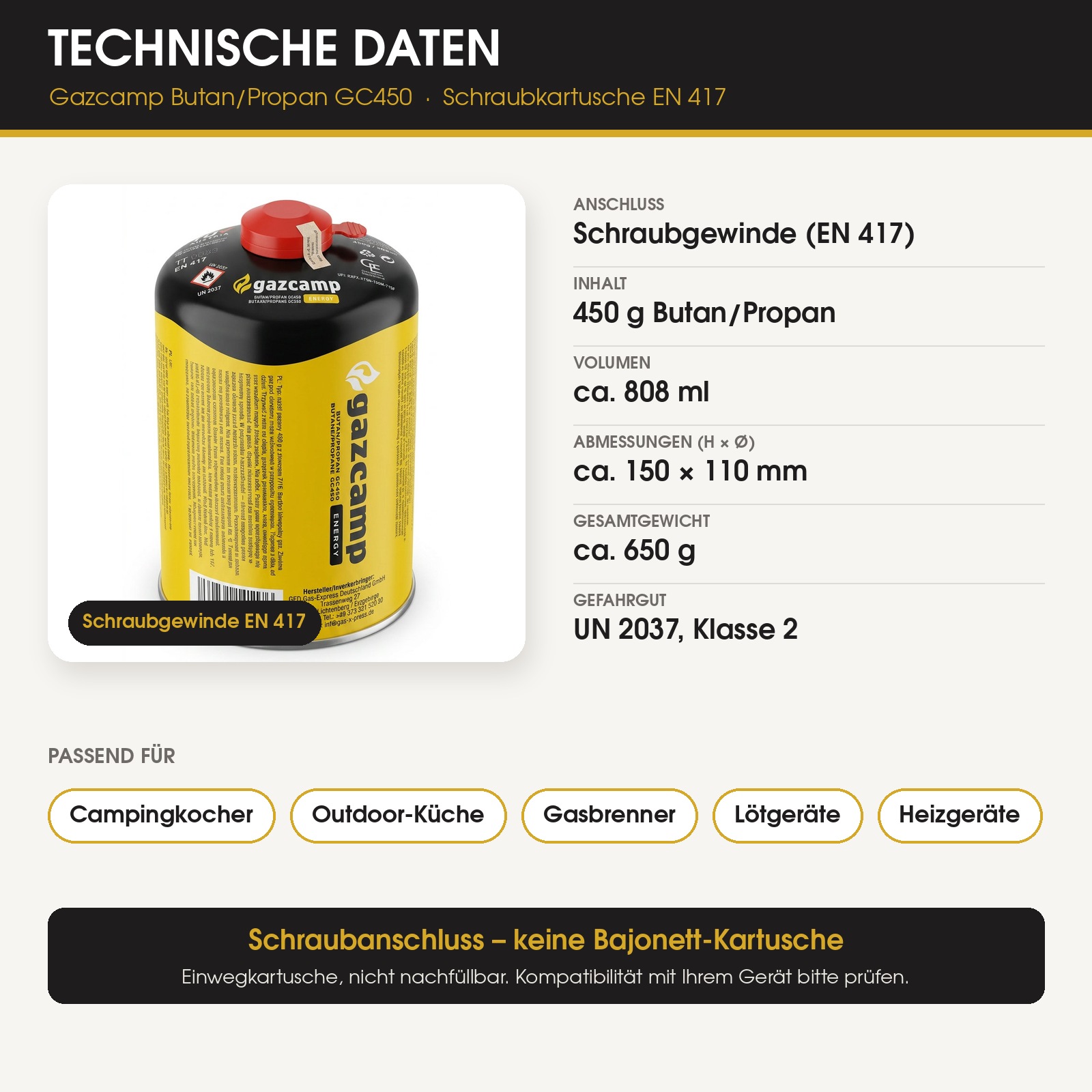 Gazcamp Butan/Propan 450g (808ml) Gaskartusche EN417 Schraubgewinde