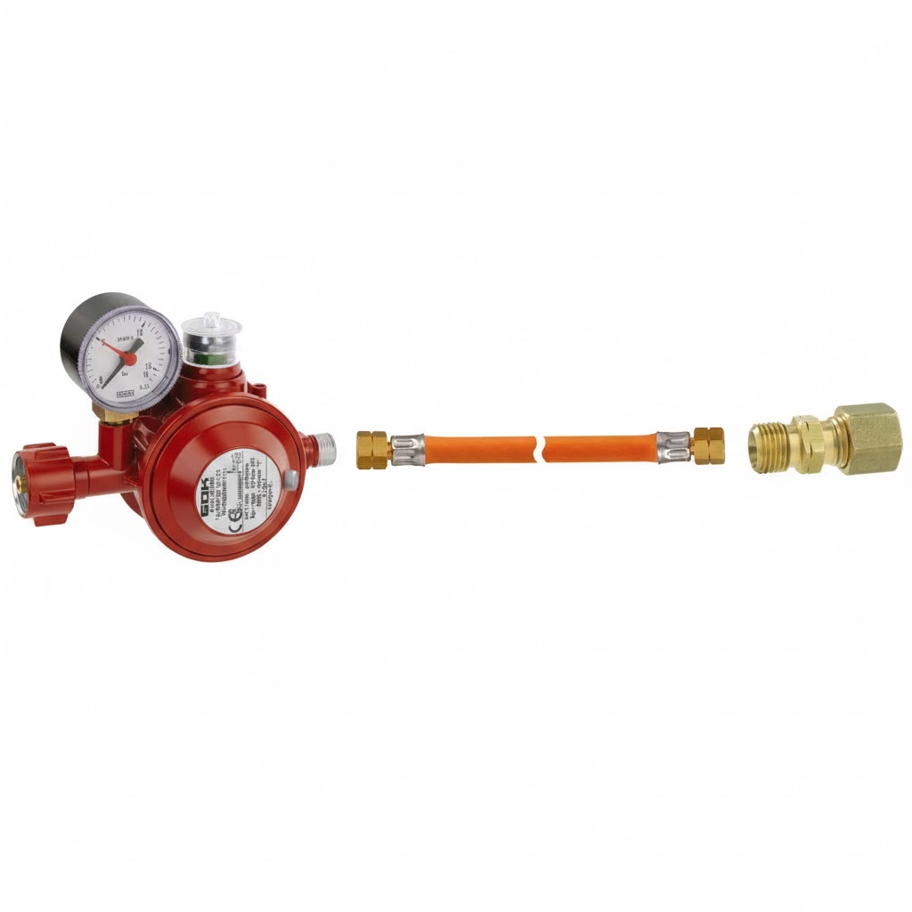 GOK Druckregler-Set 50 mbar – Haushaltsregler 1,5 kg/h mit Manometer + 1 m Gasschlauch + Verbindungsstück G1/4LH-KN x RVS8 | Komplettes Anschluss-Set für Gaskocher