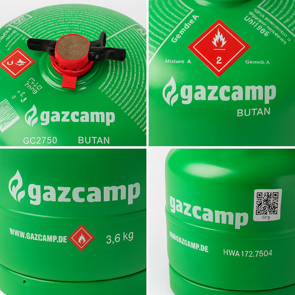 Gazcamp GC2750 Butangasflasche 2,75 kg Inhalt im Set mit Flaschenventil und Regler 30mbar Caravan